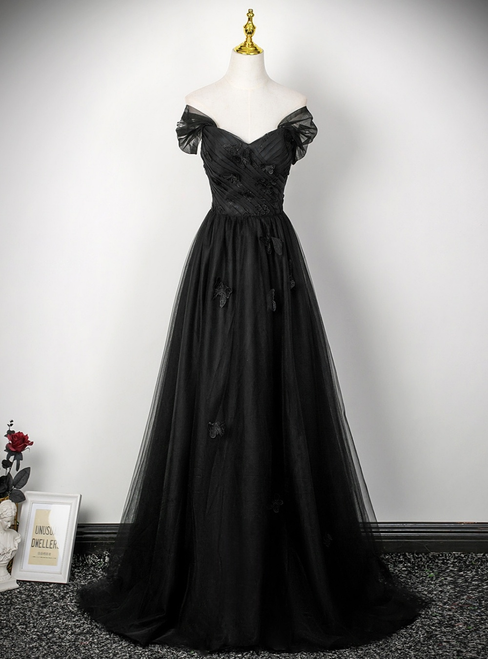 Black Tulle Off the Shoulder Pleats Prom Dress