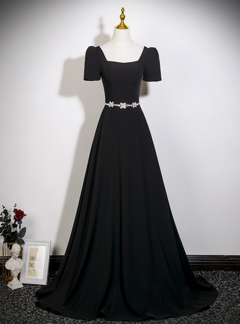 Black Short Sleeve Square Neck Crystal Prom Dress
