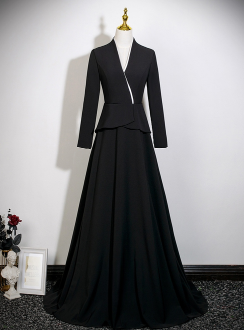 Queenly Black V-neck Long Sleeve Prom Dress