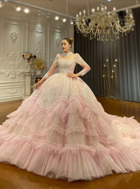 Pink Tulle Sequins Long Sleeve Wedding Dress