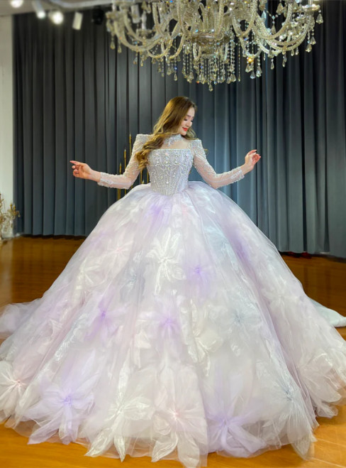 Purple Tulle Long Sleeve Luxury Wedding Dress