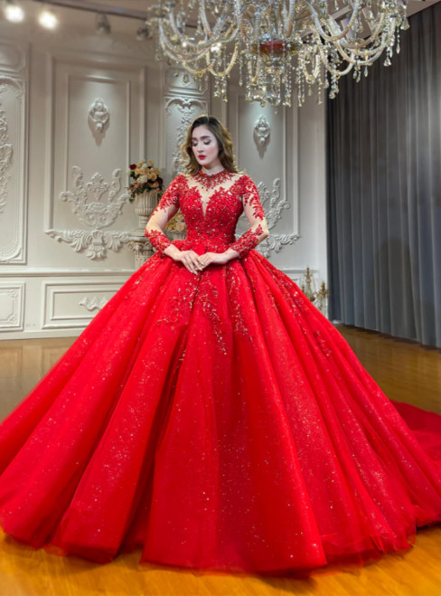 Red Tulle Sequins Beading Wedding Dress
