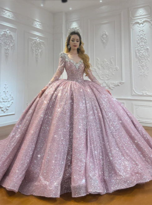 Pink Sequins Long Sleeve Beading Wedding Dress