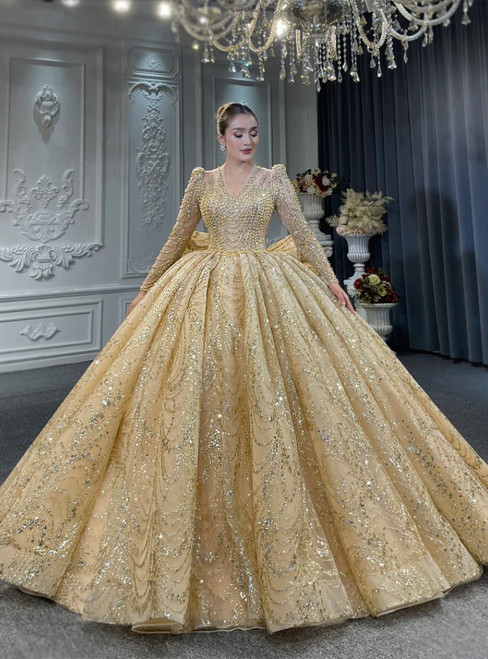 Gold Sequins V-neck Long Sleeve Pearls Wedding Dress