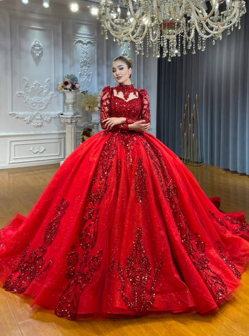 Red Sequins Long Sleeve Beading Wedding Dress