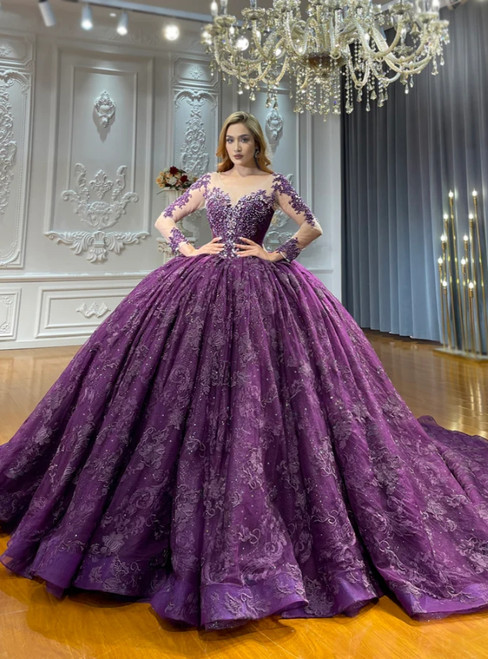 Purple Long Sleeve Lace Wedding Dress