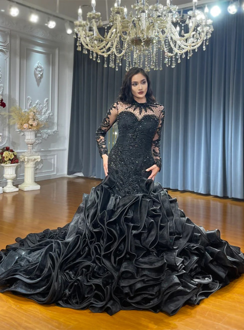Luxury Black Mermaid Long Sleeve Beading Prom Dress