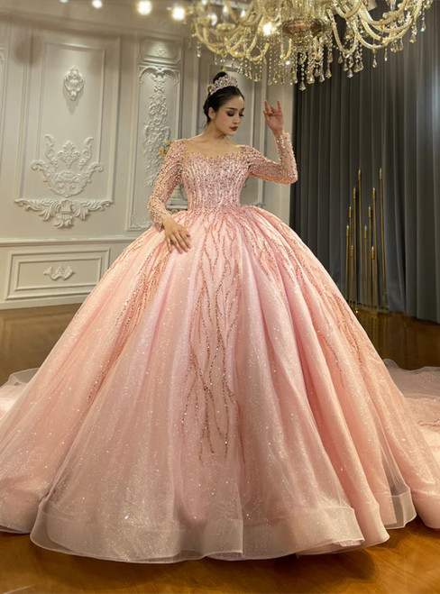 Pink Tulle Sequins Long Sleeve Beading Wedding Dress