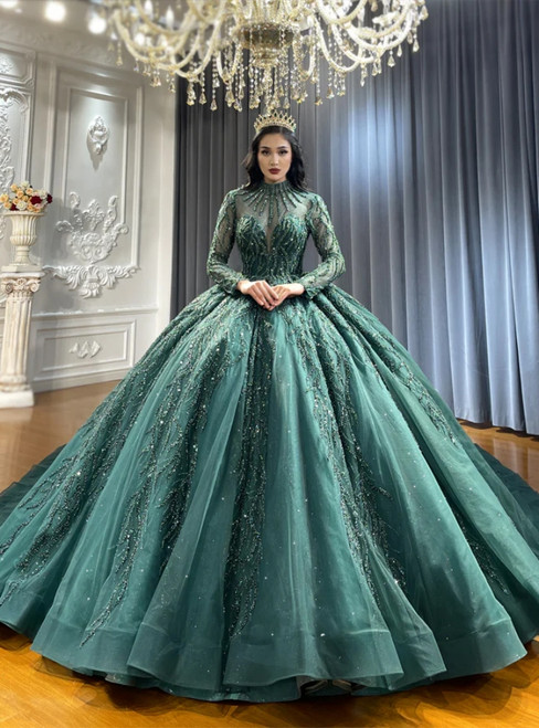 Green Tulle Long Sleeve Beading Wedding Dress