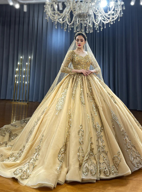 Gold Tulle Sequins Long Sleeve Beading Wedding Dress