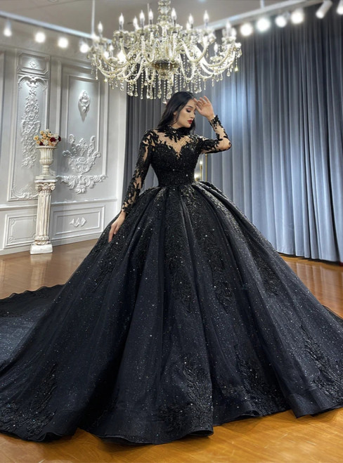 Black Tulle Long Sleeve Backless Wedding Dress