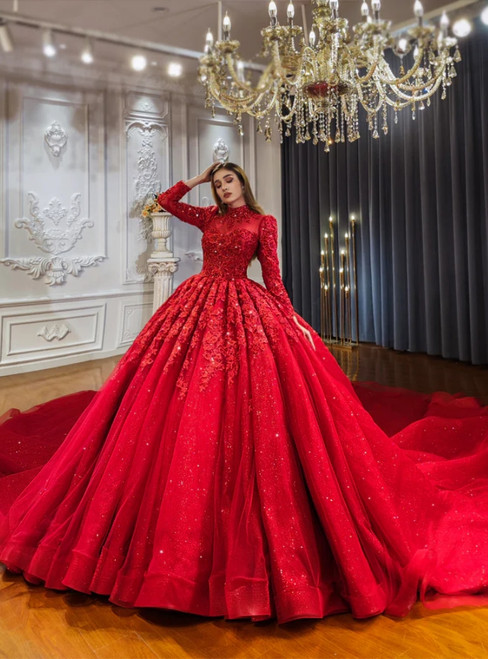 Red Tulle Appliques Long Sleeve Wedding Dress