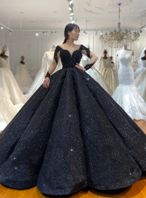 Black Sequins Ball Gown Long Sleeve Beading Wedding Dress