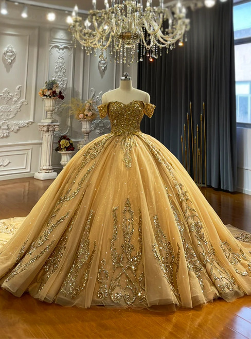 Gold Tulle Off the Shoulder Appliques Wedding Dress