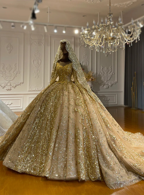 Gold Tulle Sequins Long Sleeve Wedding Dress