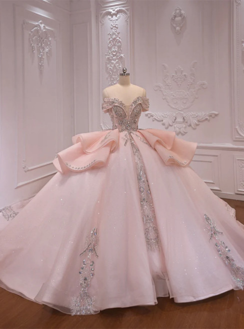 Luxury Pink Tulle Appliques Beading Wedding Dress