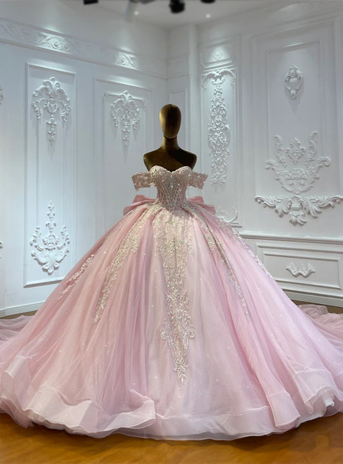 Pink Tulle Sequins Appliques Wedding Dress