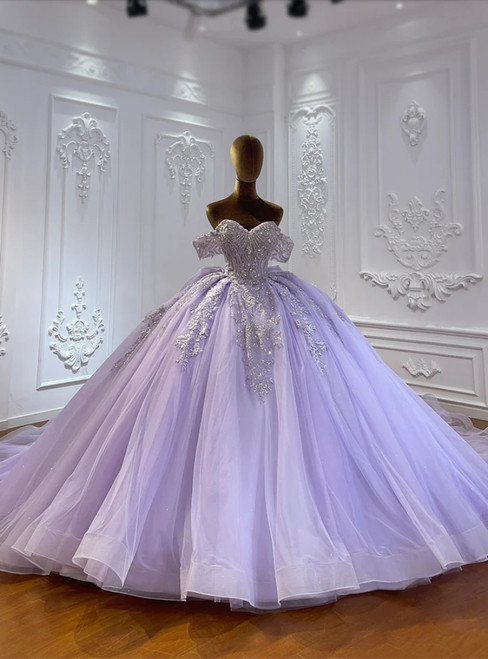 Purple Tulle Off the Shoulder Beading Wedding Dress