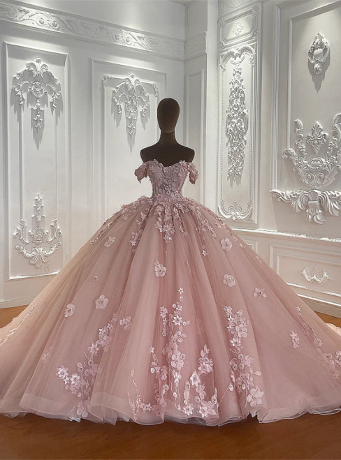 Pink Tulle Off the Shoulder Appliques Wedding Dress