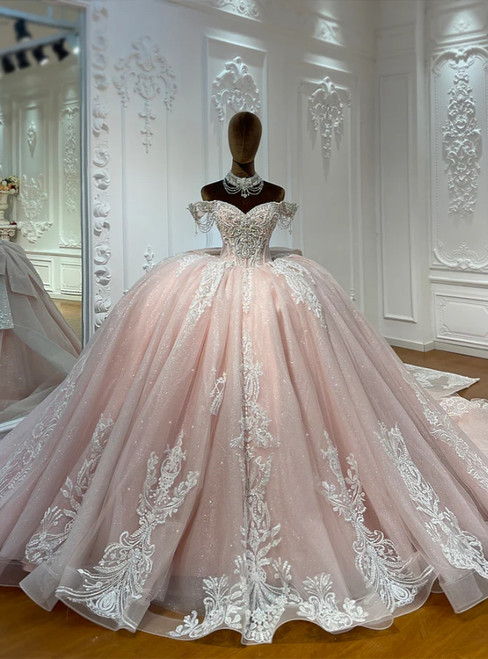 Pink Tulle Off the Shoulder Appliques Bow Wedding Dress