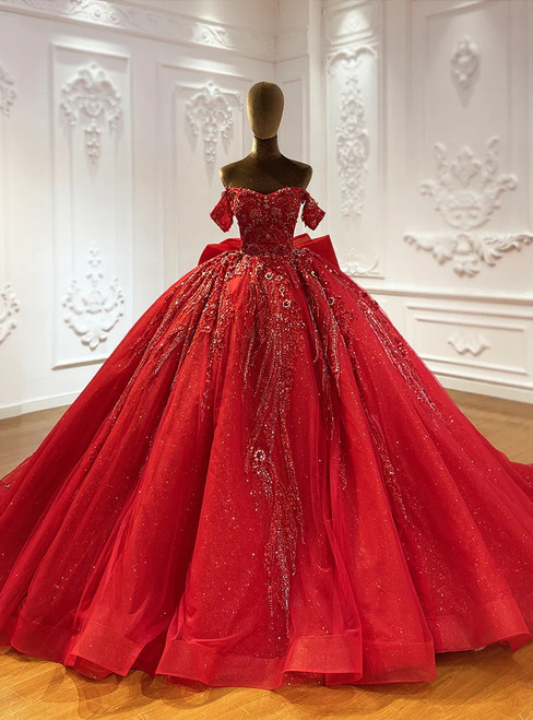 Luxurious Red Tulle Off the Shoulder Beading Wedding Dress