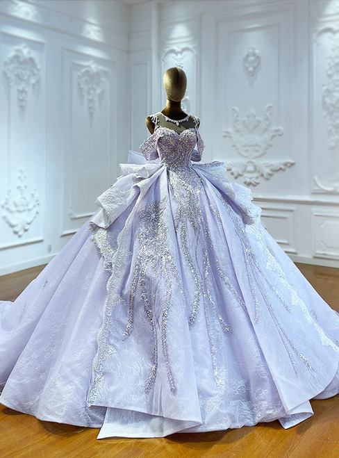 Purple Tulle Sequins Backless Wedding Dress