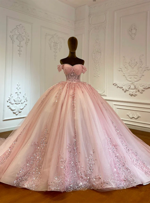 Pink Tulle Off the Shoulder Sequins Wedding Dress