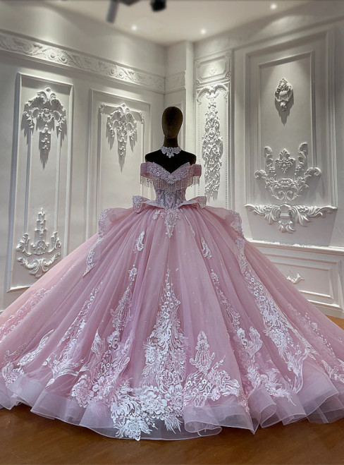 Pink Tulle Lace Appliques Beading Wedding Dress