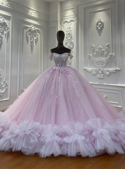 Pink Tulle Off the Shoulder Appliques Beading Wedding Dress