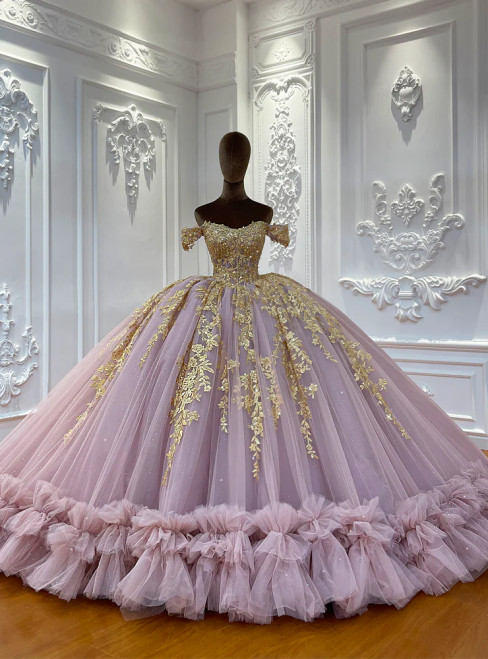 Pink Purple Tulle Off the Shoulder Appliques Wedding Dress