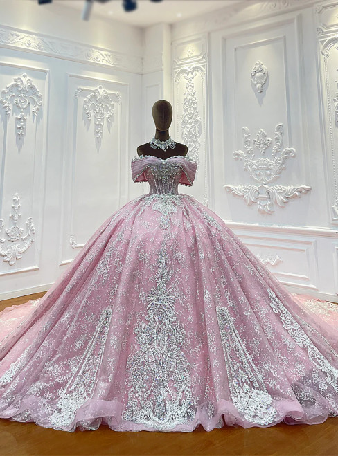 Elegance Pink Tulle Sequins Appliques Wedding Dress