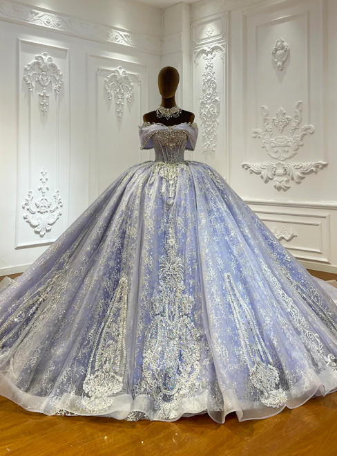 Purple Tulle Sequins Pleats Beading Wedding Dress