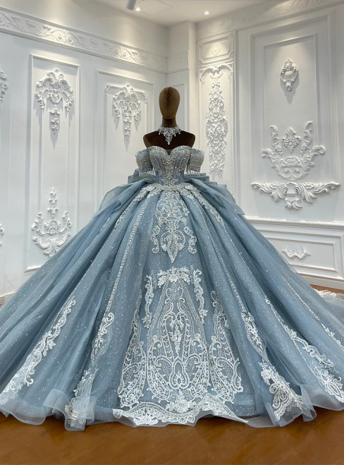 Blue Tulle Lace Appliques Bow Wedding Dress