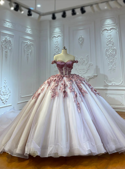 Popular Pink Tulle Off the Shoulder Appliques Wedding Dress