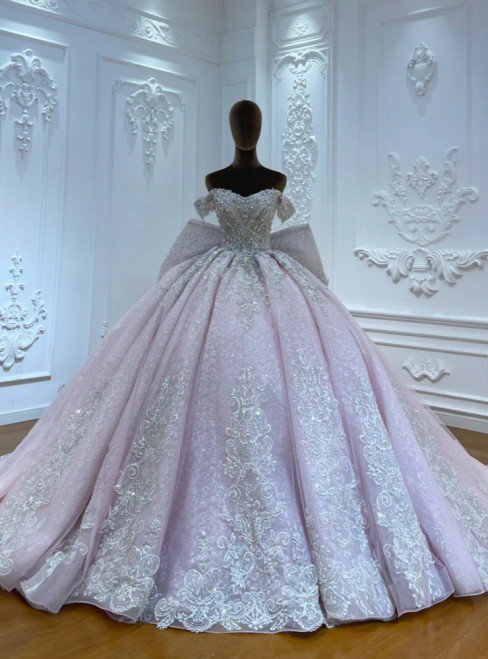 Fashionable Pink Tulle Sequins Appliques Wedding Dress