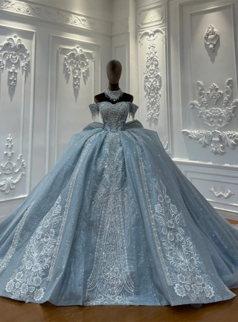 Blue Tulle Sequins Appliques Wedding Dress With Bow