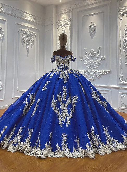 Royal blue off shoulder ball gown wedding dress with tulle appliques