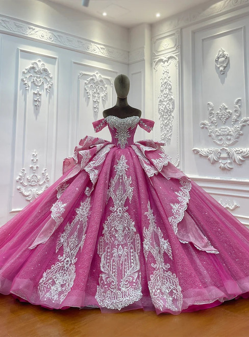 Fuchsia Tulle Appliques Off the Shoulder Beading Wedding Dress