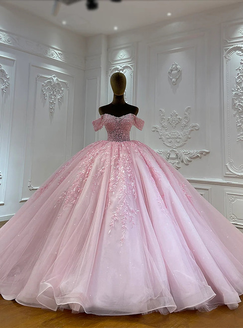 Pink ball gown wedding dress with off shoulder neckline