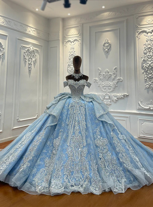 Blue Tulle Lace Sequins Wedding Dress