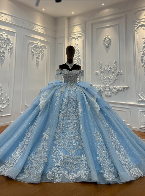 Blue Tulle Appliques Beading Wedding Dress