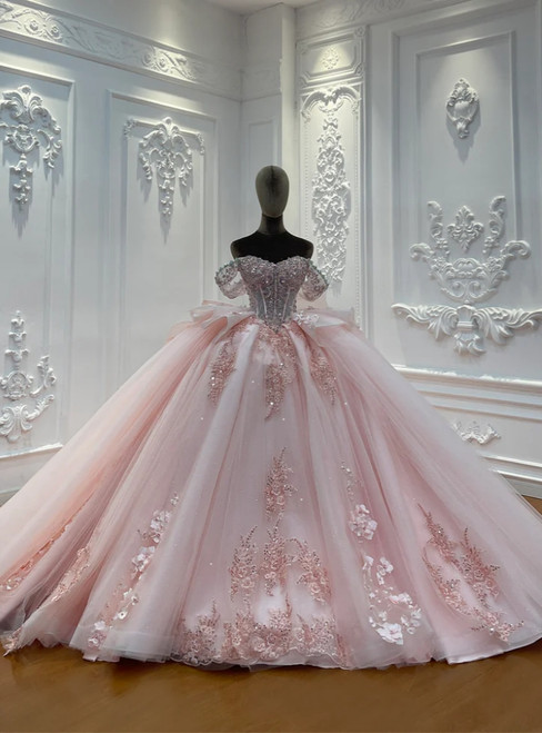 Pink Tulle Appliques Bow Wedding Dress