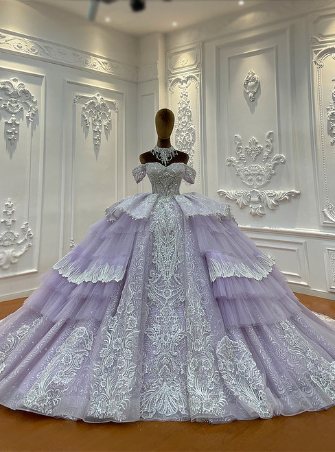 Purple Tulle Sequins Appliques Beading Wedding Dress