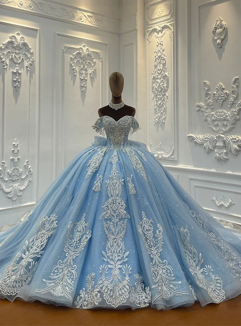 Blue Tulle Appliques Wedding Dress