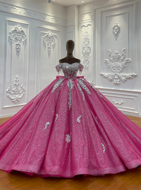 Fuchsia Tulle Sequins Off the Shoulder Wedding Dress