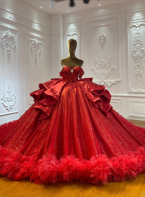 Ball Gown Red Tulle Sequins Appliques Wedding Dress