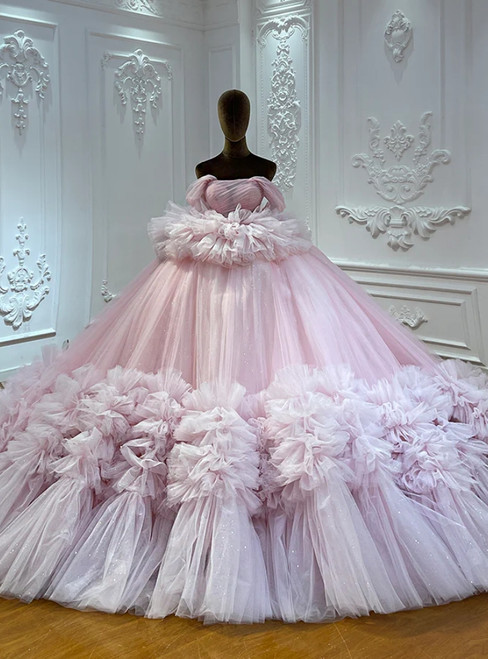Vintage blue tulle ball gown wedding dress featuring an off-the-shoulder neckline and delicate lace appliques on a floor-length flowing skirt.