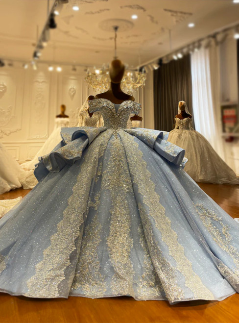 Blue Tulle Sequins Appliques Princess Dress