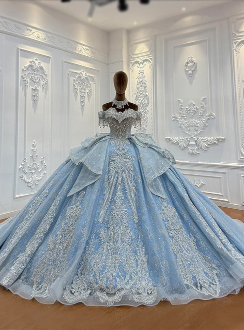 Blue tulle sequin off the shoulder princess dress with beading and ball gown silhouette - front view