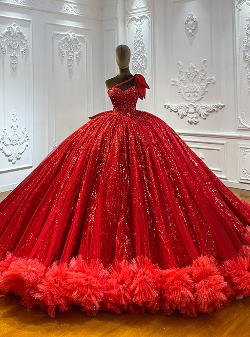 Elegance Red Sequins Tulle One Shoulder Prom Dress